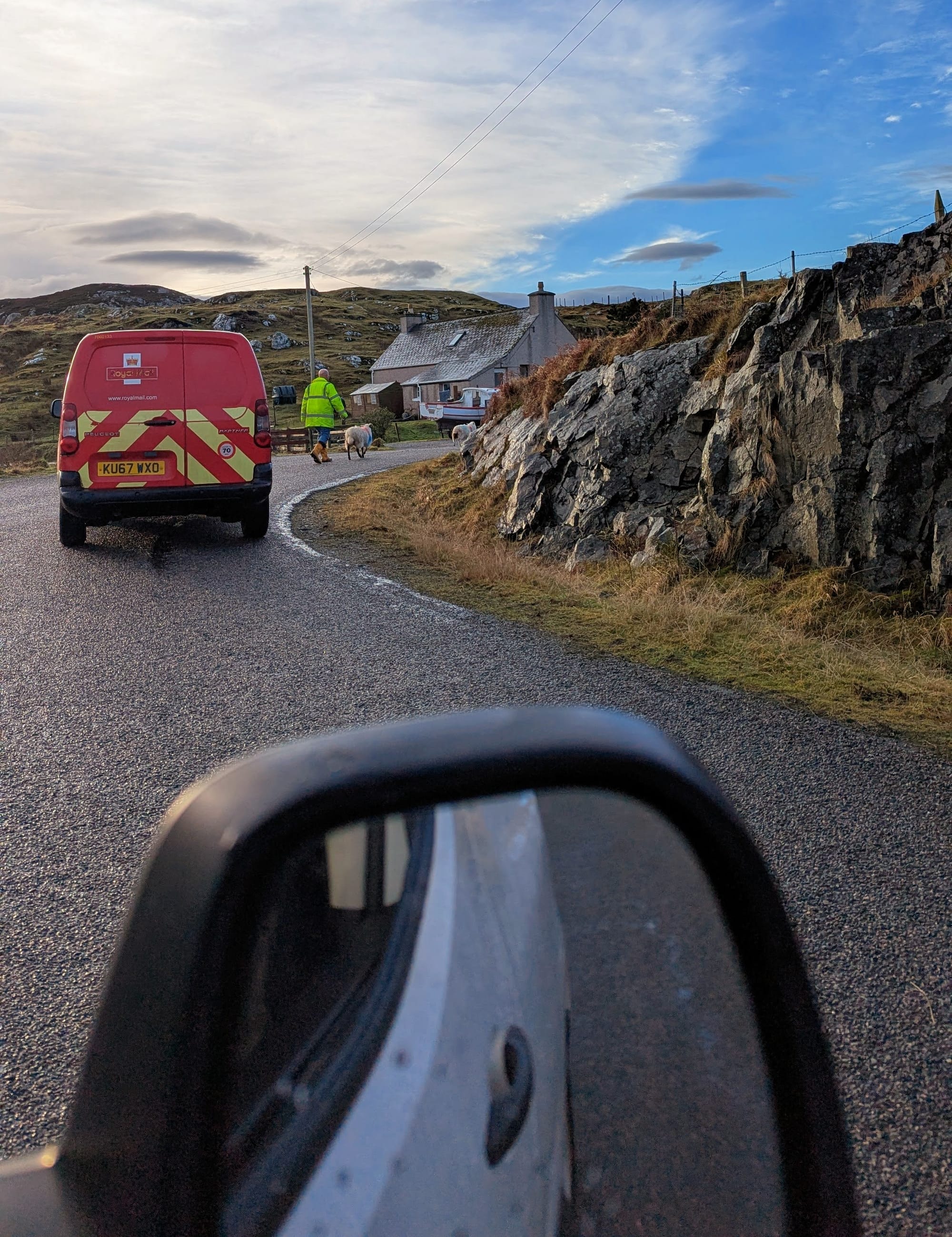 A red postal delivery waiting behind sheep being moved on the road